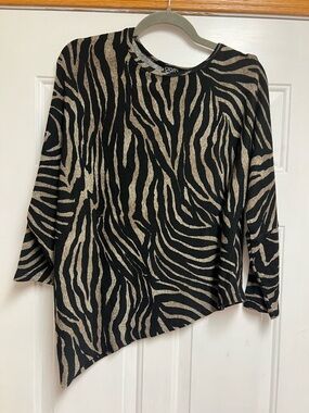 Clara Sun Woo Black and Tan Zebra Print Asymmetric Top